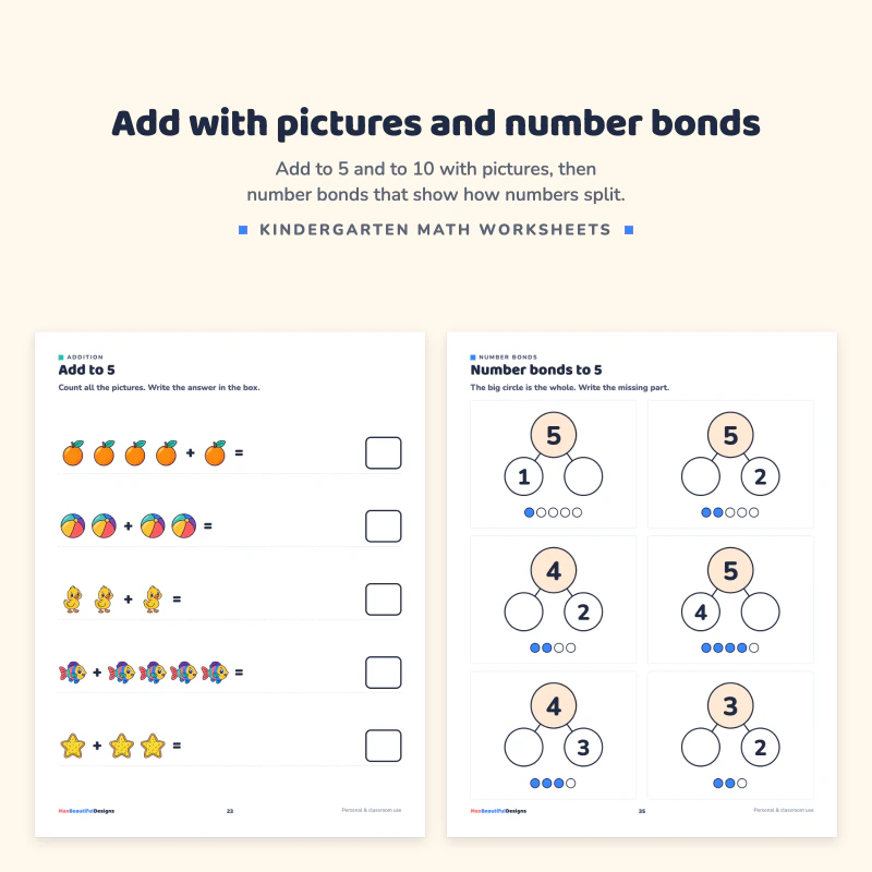 Add to 5 page with picture rows and answer boxes, next to a number bonds to 5 page with circles and dot rows