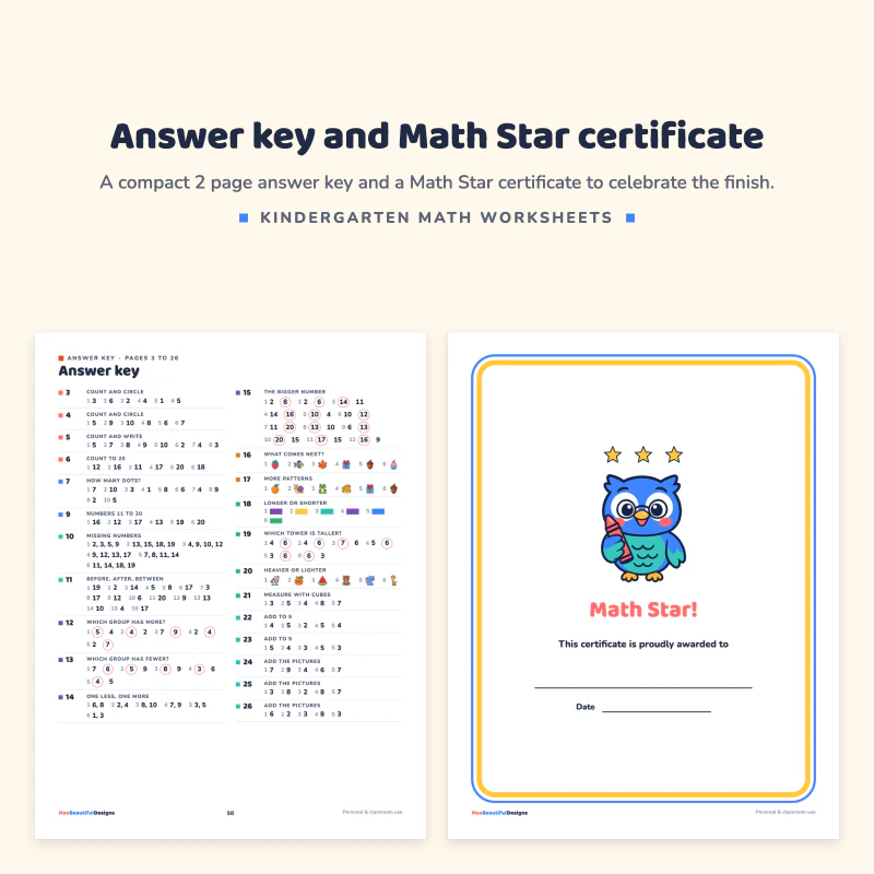 Answer key page with small answers for each worksheet, next to a Math Star certificate with an owl