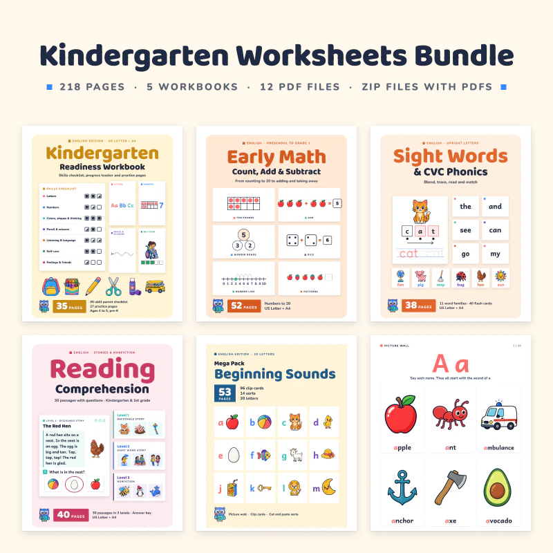 Kindergarten Worksheets Bundle, cover image