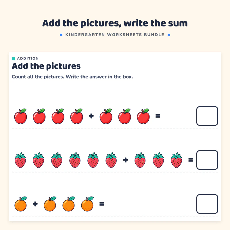 Add the pictures page: rows of small pictures with plus signs and a box for each answer
