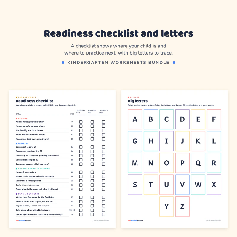 Readiness checklist page with skills and check boxes, next to a big letters page with capital letters A to Z