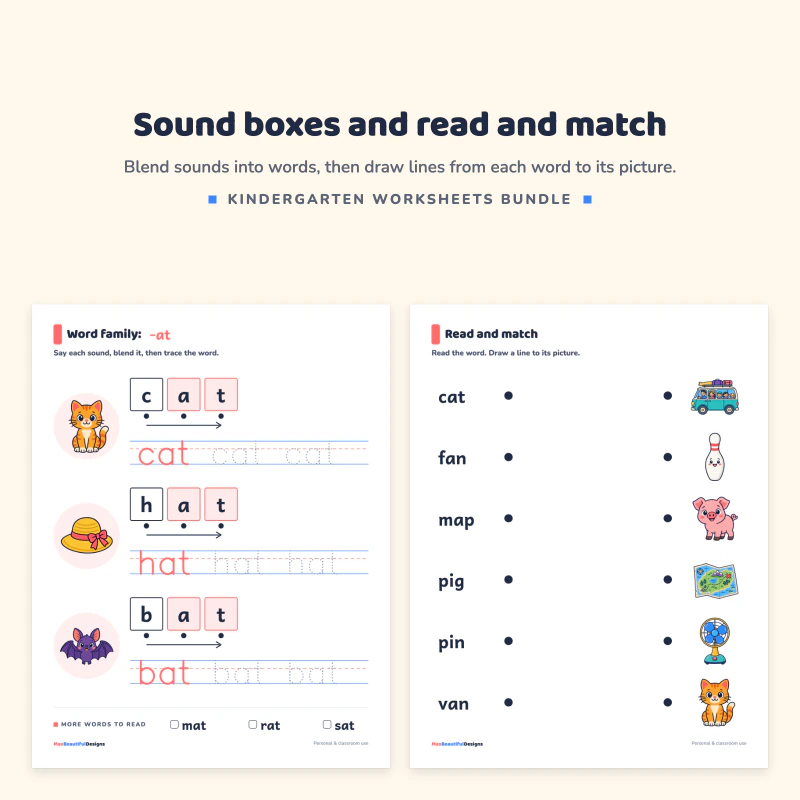 Word family -at page with sound boxes for cat, hat and bat, next to a read and match page with words and pictures