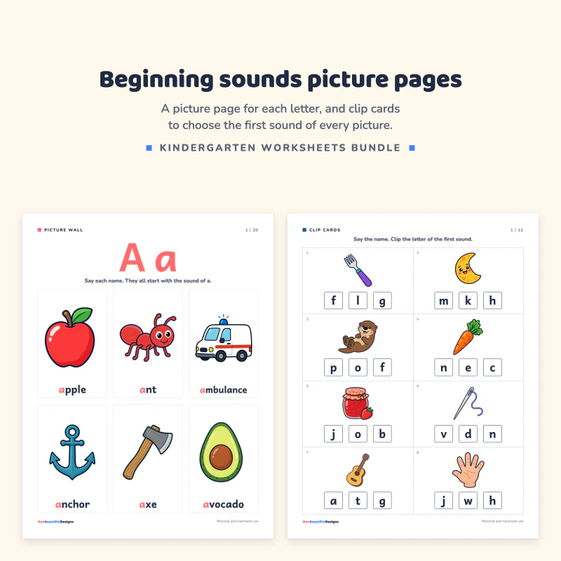 Aa picture page with apple, ant and ambulance, next to a clip cards page with pictures and three letter choices each