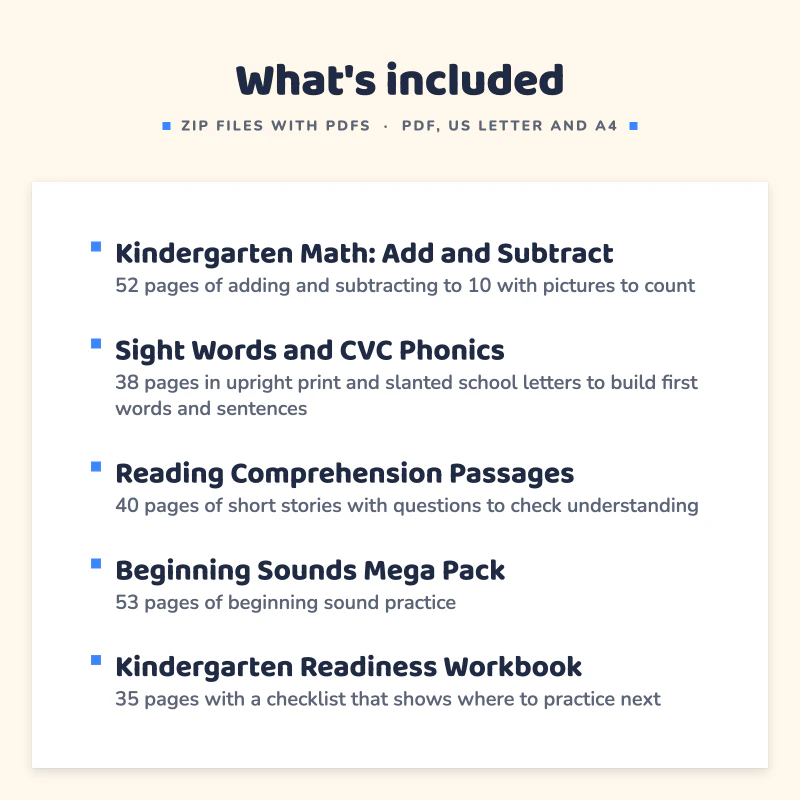 List of what is included in Kindergarten Worksheets Bundle: Kindergarten Math: Add and Subtract, Sight Words and CVC Phonics, Reading Comprehension Passages, Beginning Sounds Mega Pack, Kindergarten Readiness Workbook.