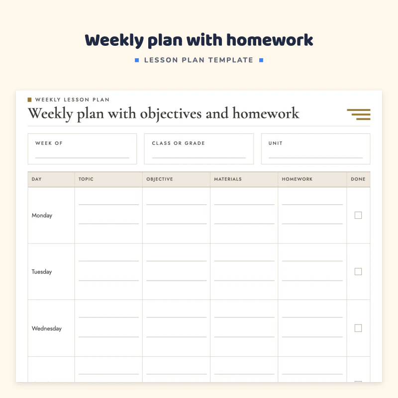 Weekly plan with objectives and homework: a row for each weekday with topic, objective, materials, assignments and a done box