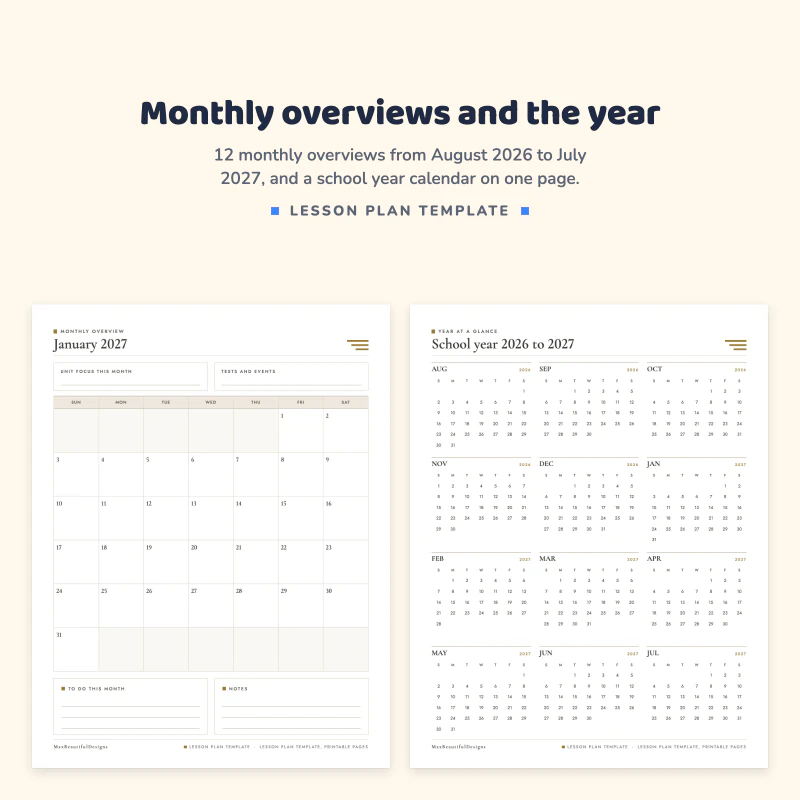 January 2027 monthly overview with a calendar grid, next to the school year 2026 to 2027 calendar with all twelve months
