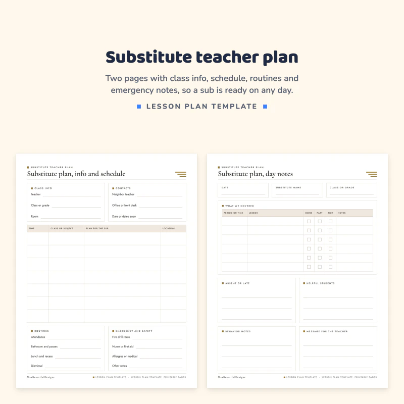 Substitute plan with class info, contacts, schedule, routines and emergency and safety, next to a substitute plan day notes page