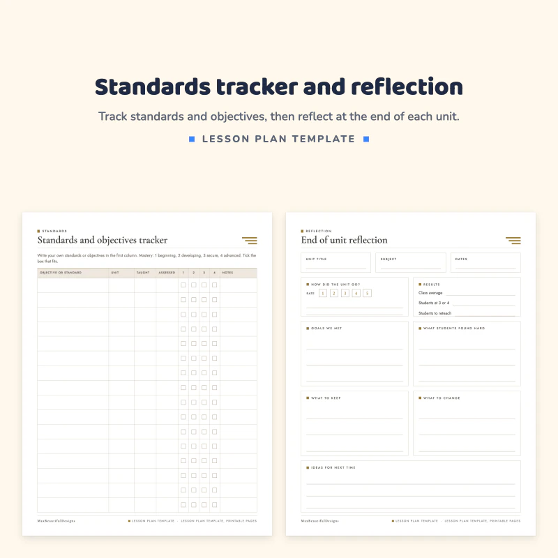 Standards and objectives tracker with a row for each objective and progress boxes, next to an end of unit reflection page