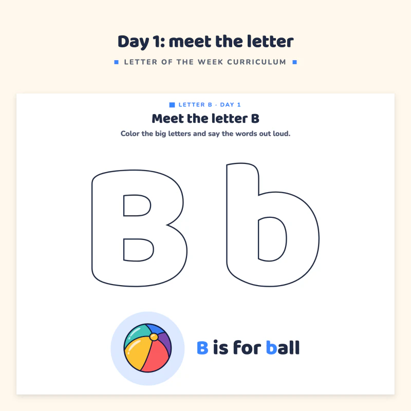 Meet the letter B page: big outlined letters B and b to color and a ball picture with the words bus, boat and bee