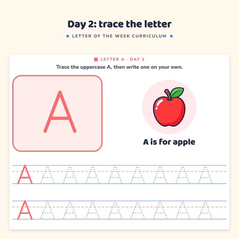 Trace the uppercase A page: a large letter A box, an apple picture and rows of the letter A to trace