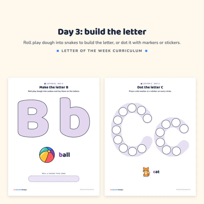 Make the letter B page with a ball picture and a play dough mat, next to a dot the letter C page with circles to dot