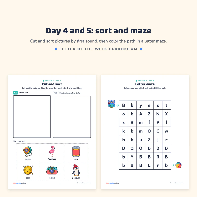 Cut and sort page with two sorting boxes and six pictures, next to a letter maze for B with a grid of letters