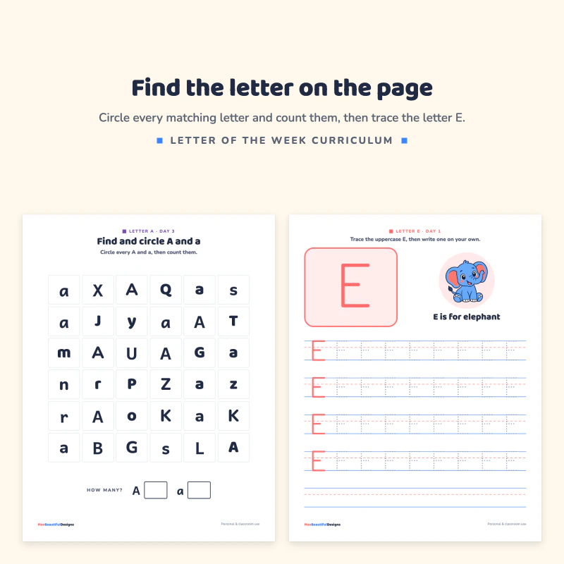 Find and circle A and a page with a grid of letters, next to the trace the uppercase E page with an elephant