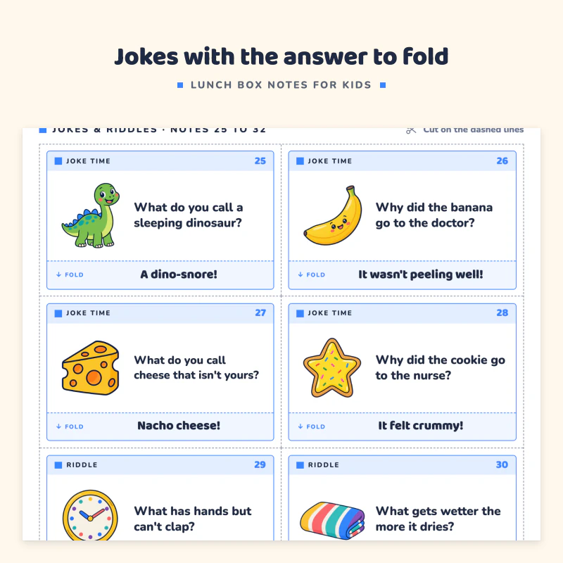 Joke notes with a picture and a question, such as what do you call a sleeping dinosaur, and the answer on a strip below