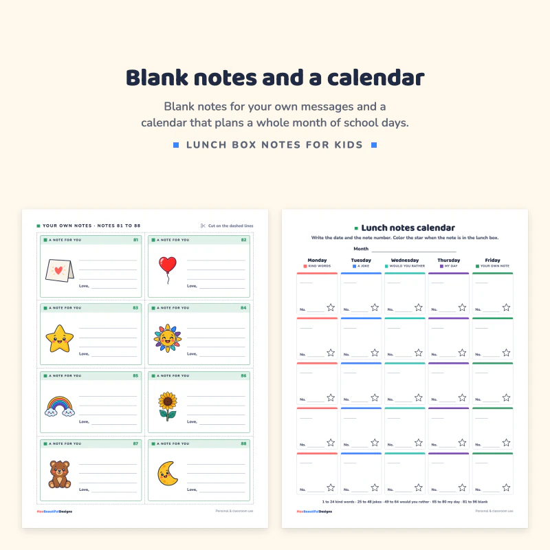Blank notes with a picture and lines to write your own message, next to the lunch notes calendar with a box for each school day