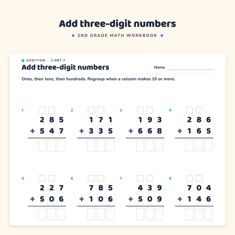 Top of the add three-digit numbers page: column addition problems such as 285 plus 547 with carry boxes above the tens and hundreds