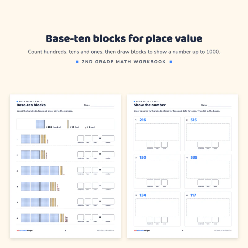 Base-ten blocks page with hundreds, tens and ones to count, next to a show the number page with boxes to draw blocks