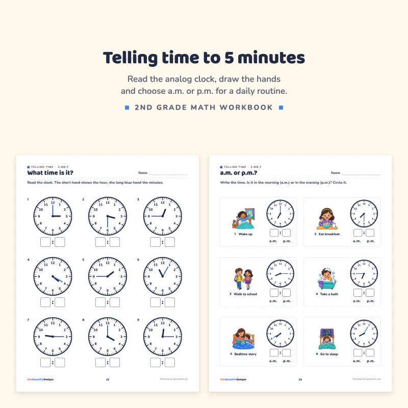 What time is it page with nine analog clocks and time boxes, next to an a.m. or p.m. page with daily routine pictures and clocks