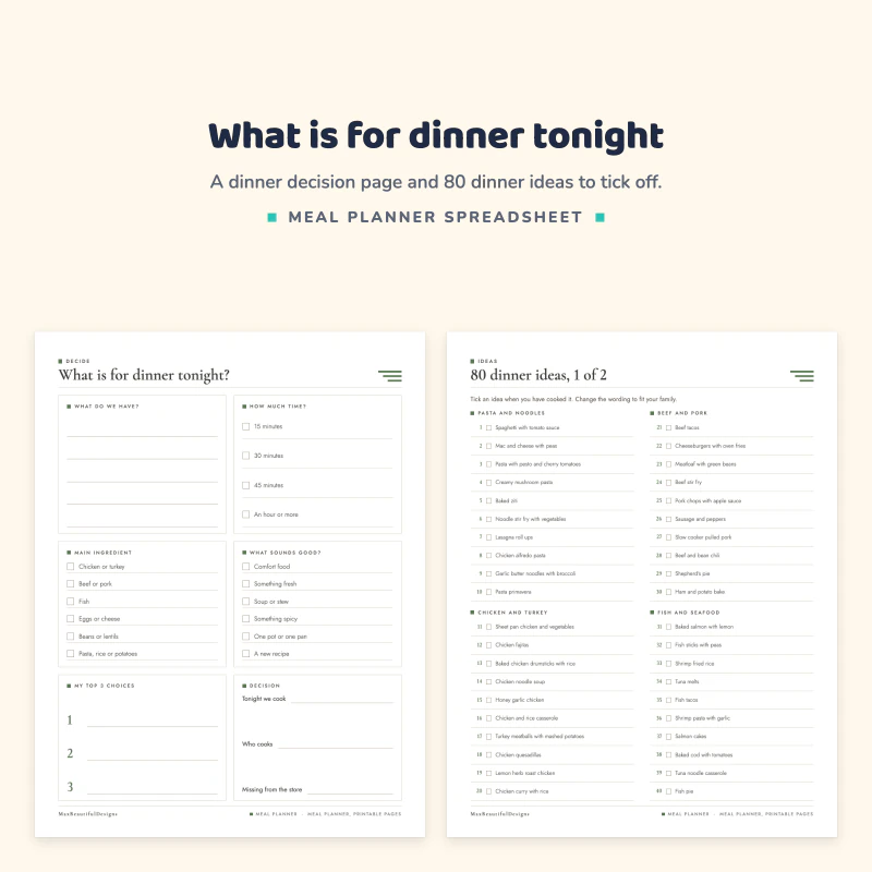 What is for dinner tonight page with time, main ingredient and mood choices, next to a page of 80 dinner ideas