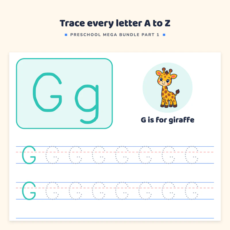Alphabet tracing page for Gg: a big letter with a giraffe, then rows of capital and lowercase G to trace and the word giraffe