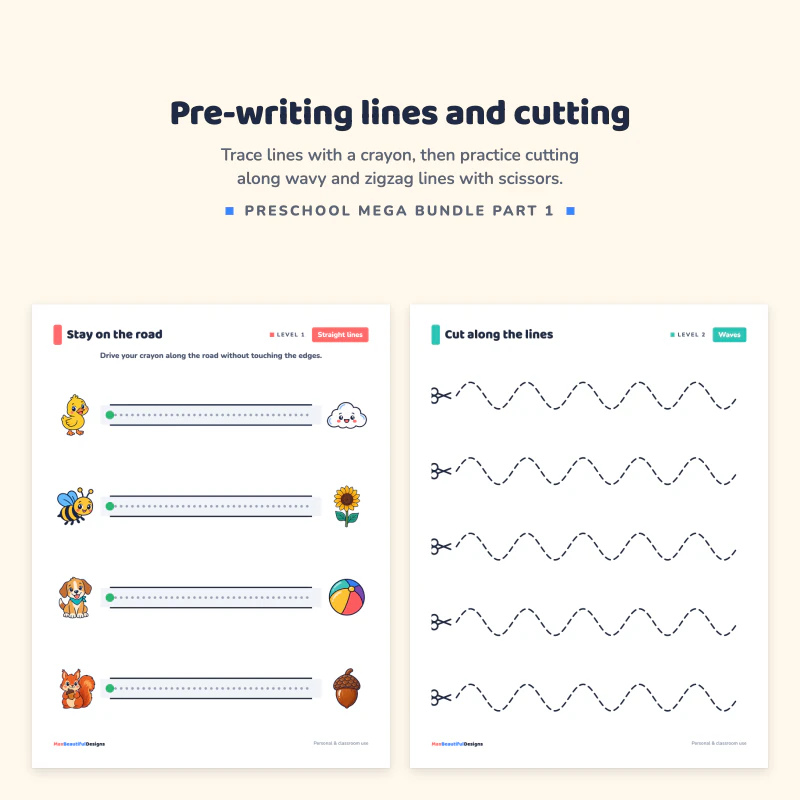 A stay on the road line tracing page with small pictures, next to a cut along the lines page with wavy lines