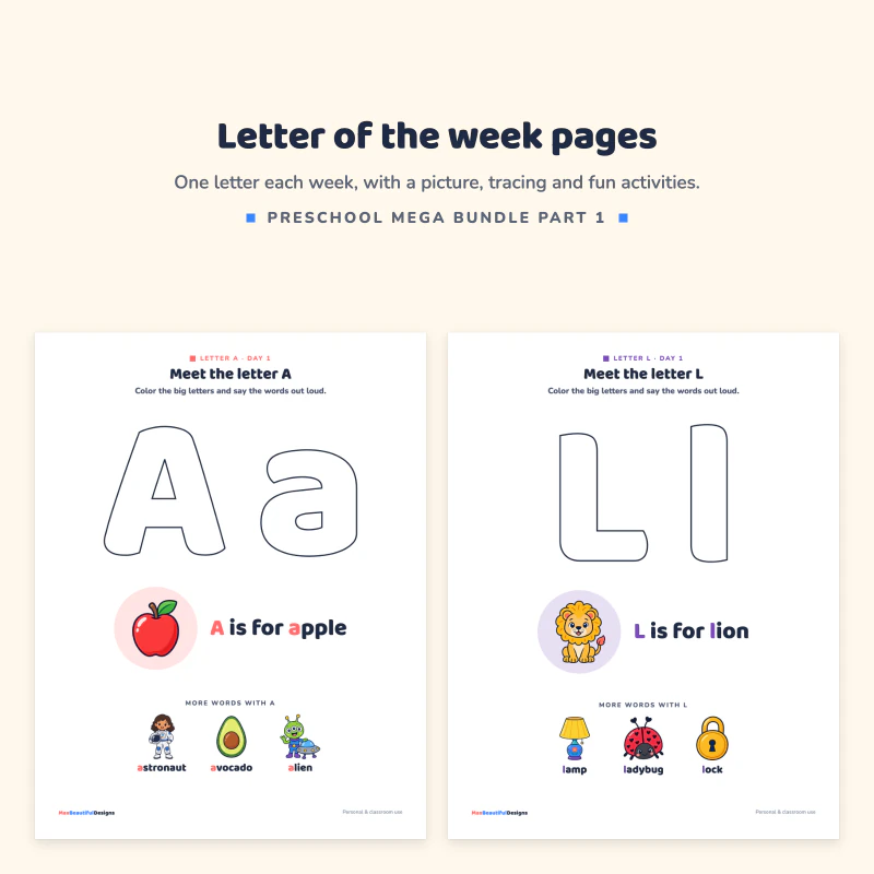 Meet the letter A page with an apple, next to a Meet the letter L page with a lion