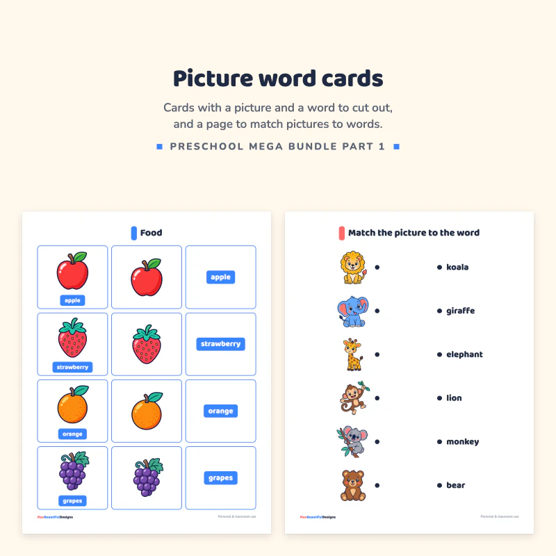 Food picture word cards with apple, strawberry and orange, next to a match the picture to the word page