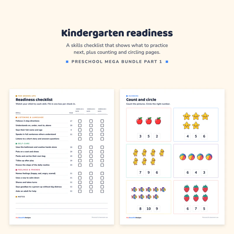Readiness checklist page with skills to tick, next to a count and circle page with groups of pictures