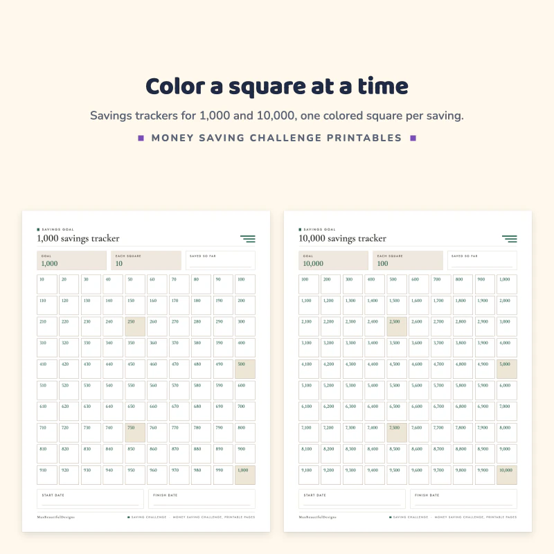 A 1,000 savings tracker and a 10,000 savings tracker, grids of amounts to color in as you save