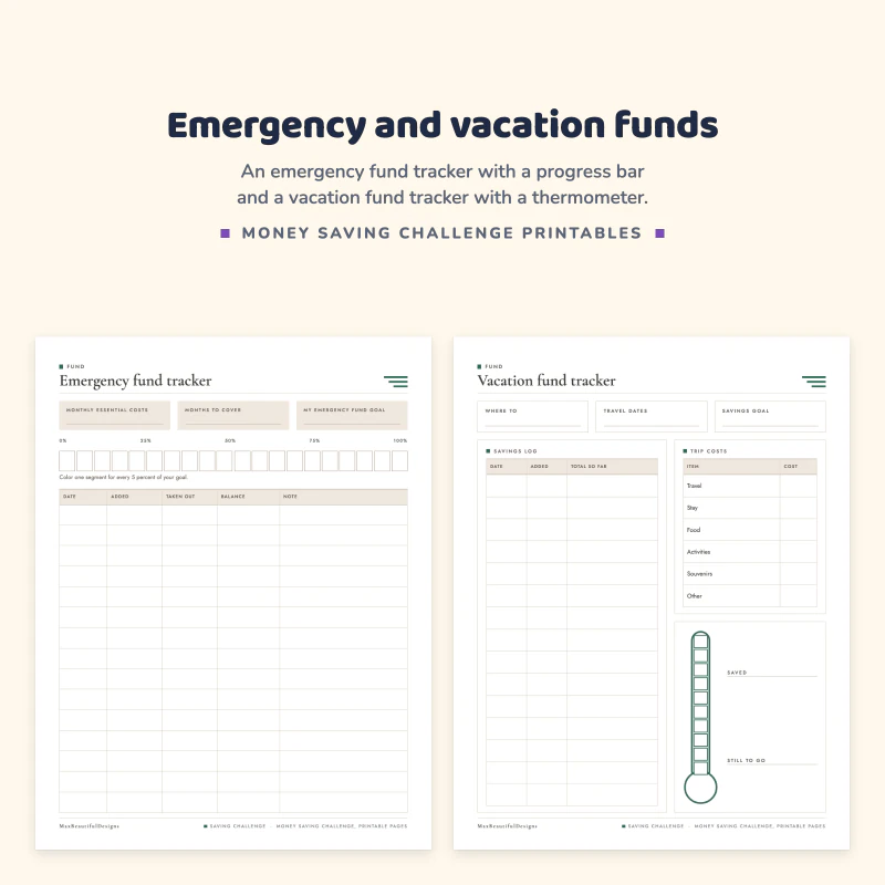 Emergency fund tracker with a progress bar and savings log next to a vacation fund tracker with a thermometer and trip costs