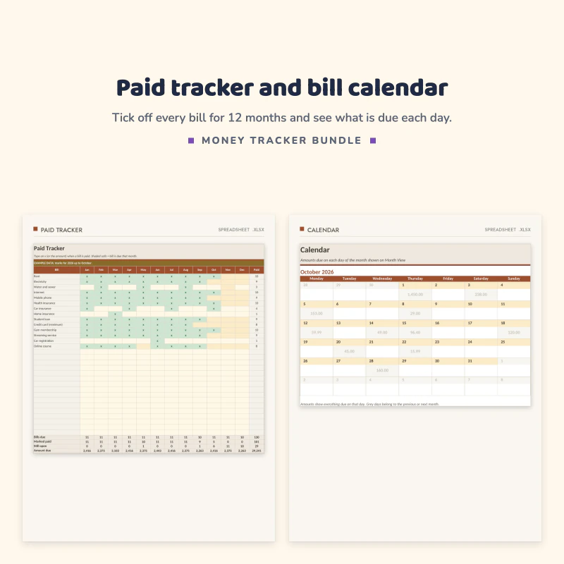 Paid tracker sheet with green ticks for each bill and month next to the calendar sheet for October with bills on their due days