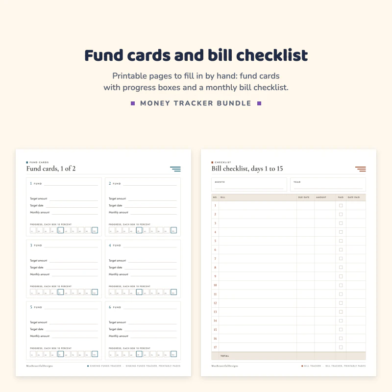 Fund cards page with six cards for target, date and monthly amount next to a bill checklist page with bill, due date, amount and paid columns