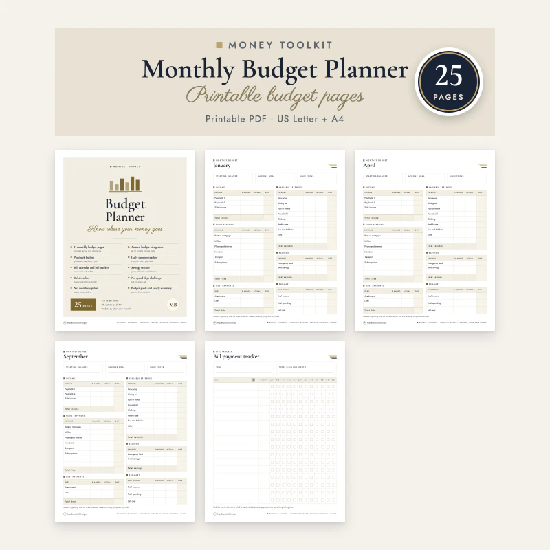Monthly Budget Planner: real printable pages in an even grid