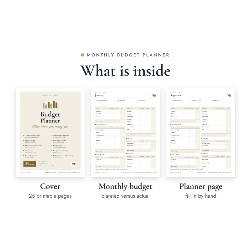 Three pages of the Monthly Budget Planner: cover, monthly budget, planner page