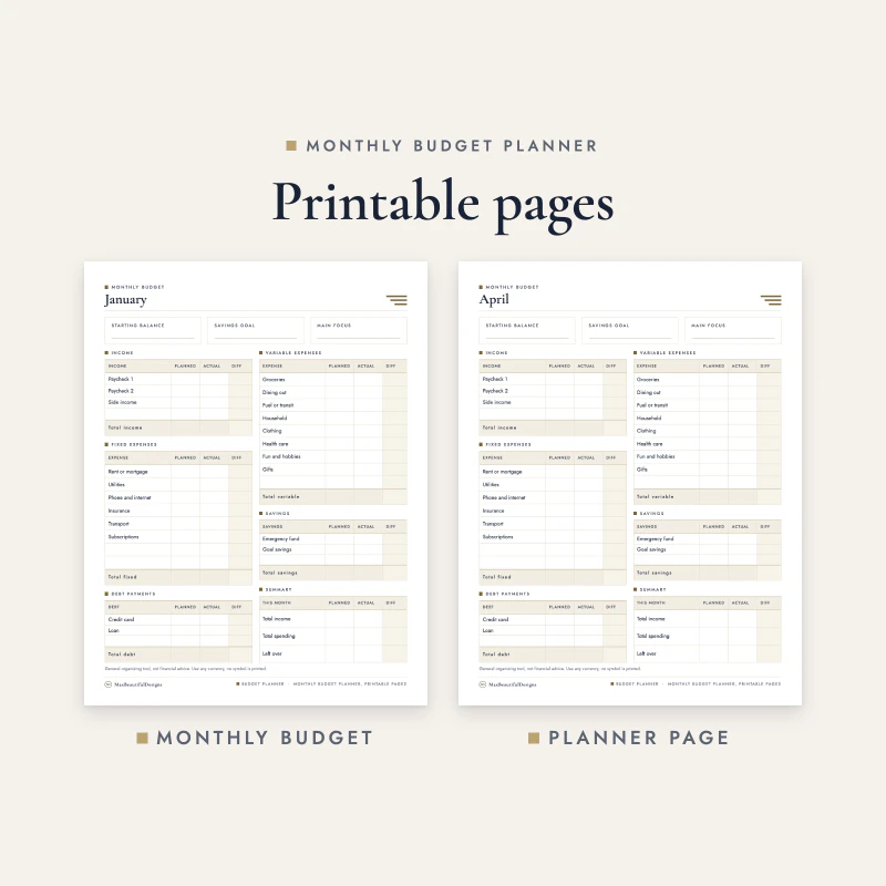 Two printable pages of the Monthly Budget Planner