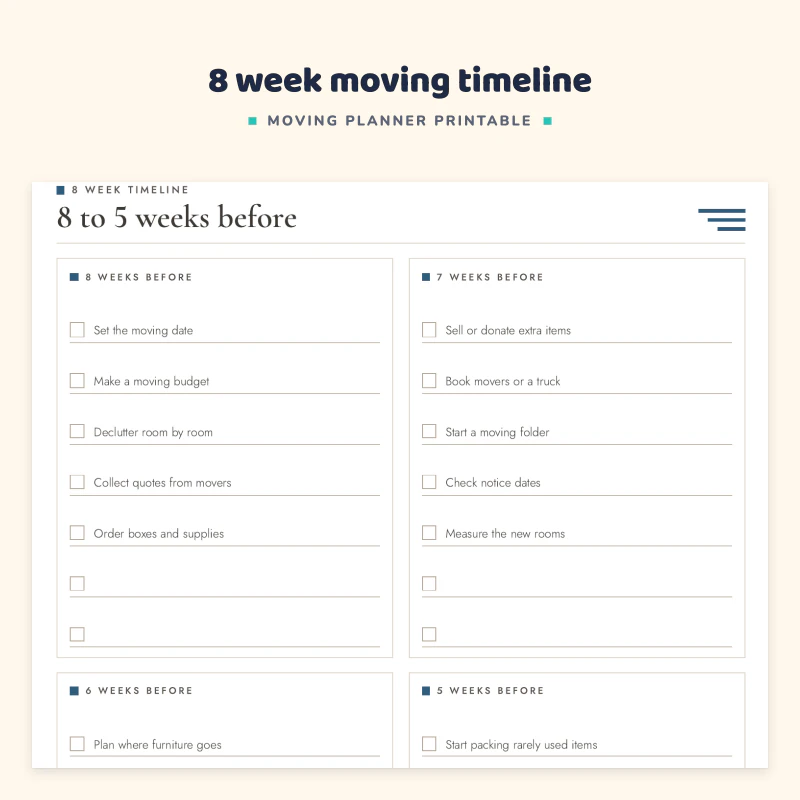 8 to 5 weeks before timeline: four boxes for 8, 7, 6 and 5 weeks before, each with check box tasks such as set a moving budget and book movers or a truck