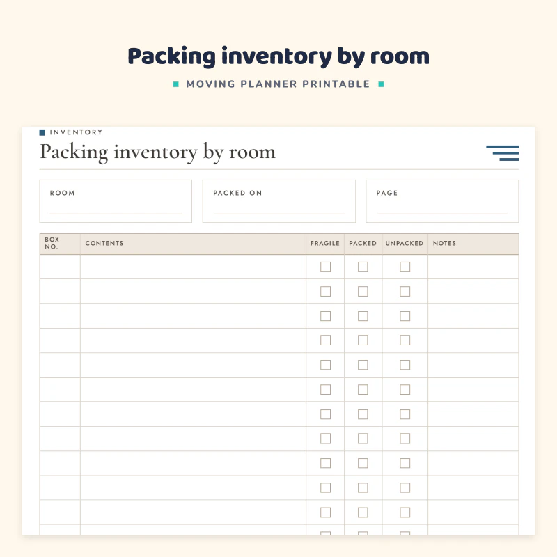Packing inventory by room page: room, packed on and pack columns, then rows with box number, contents and fragile, packed, unpacked check boxes