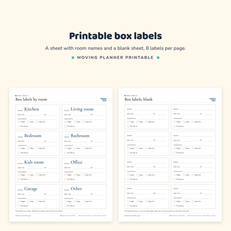 Box labels by room page with Kitchen, Living room, Bedroom and Bathroom labels, next to a blank box labels page