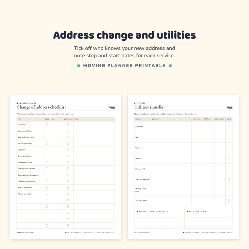 Change of address checklist with a who column and check boxes, next to a utilities transfer table with service, company and dates