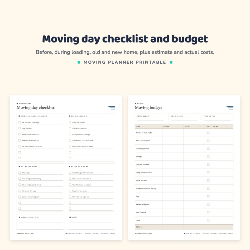 Moving day checklist with sections for before the movers arrive, during loading and at the new home, next to a moving budget table