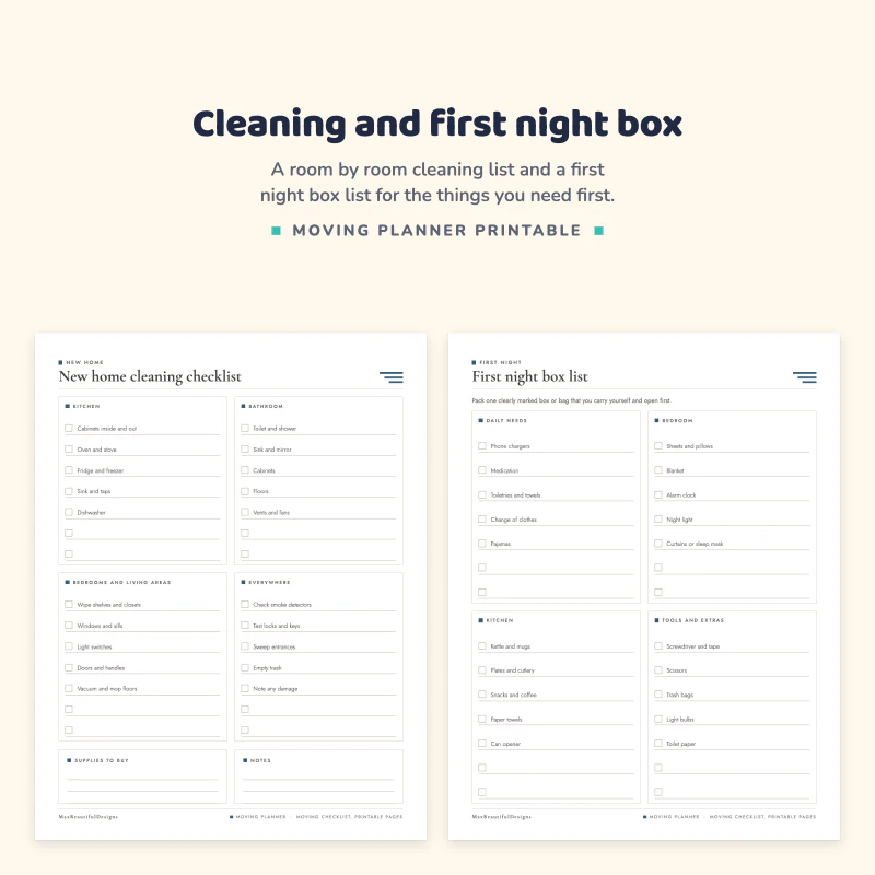 New home cleaning checklist by room, next to a first night box list with daily needs, bedroom and kitchen sections
