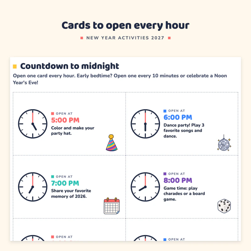 Countdown to midnight page: cut-out cards with clocks from 5 PM to midnight, each with a family activity and a small picture