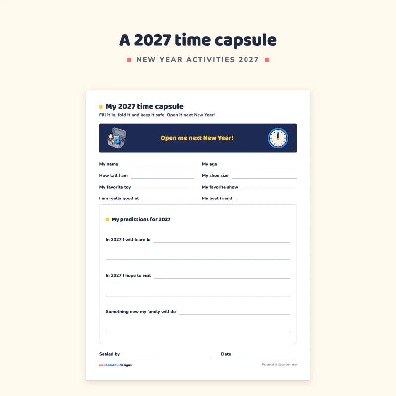My 2027 time capsule page: lines for name, favorite things and predictions, to fold and open next New Year