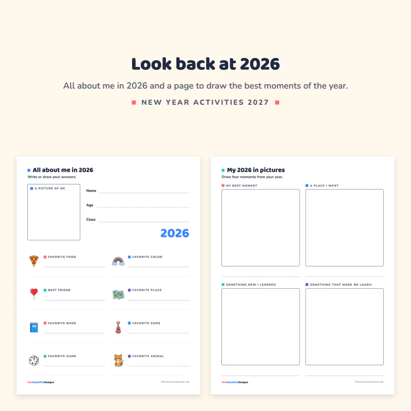 All about me in 2026 page with a picture box and favorite things, next to a page to draw four moments of 2026