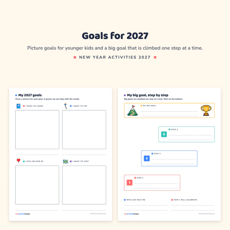 My 2027 goals page with six drawing boxes, next to a my big goal step by step staircase page
