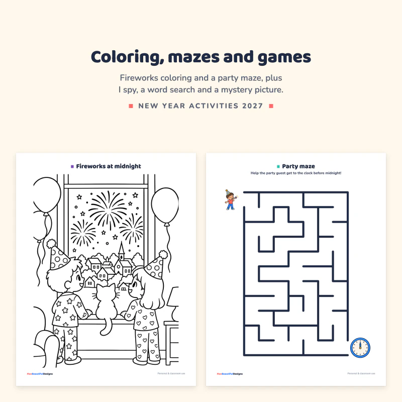 Fireworks at midnight coloring page, next to a party maze page