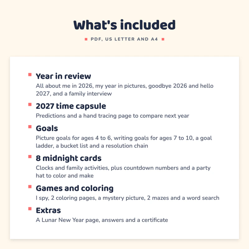 List of what is included in New Year Activities for Kids 2027: Year in review, 2027 time capsule, Goals, 8 midnight cards, Games and coloring, Extras.