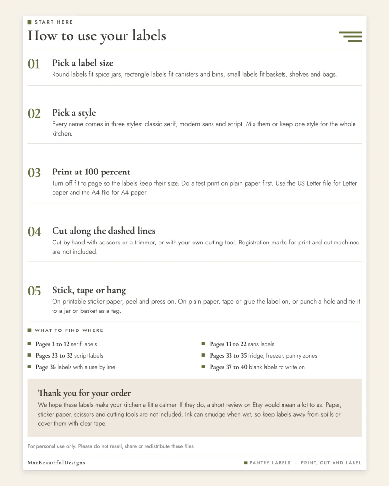 Start here page: pick a label size, pick a style, print at 100 percent, cut along the dashed lines and stick, tape or hang