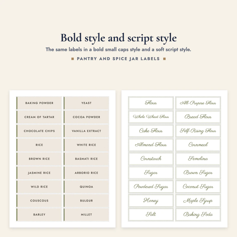 A page of canister labels in bold capitals, next to the same flour labels in script
