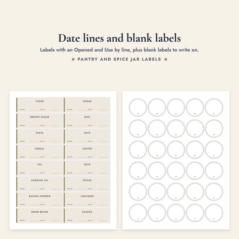 A page of labels with Opened and Use by lines, next to blank round labels